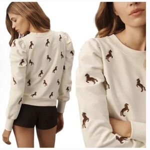 NWT: ANTHROPOLOGIE MEAVE Puff-Sleeve Embroidered HORSE SWEATSHIRT: 2X